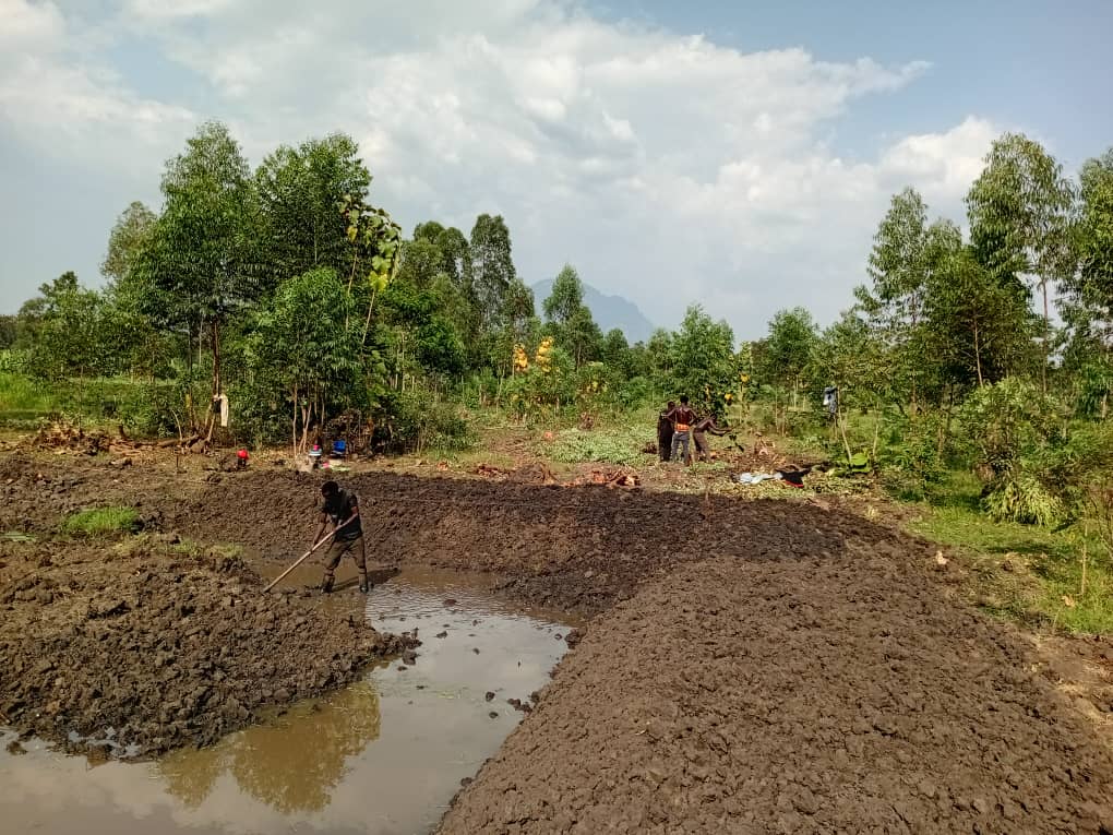 Shaping the pond banks by hand