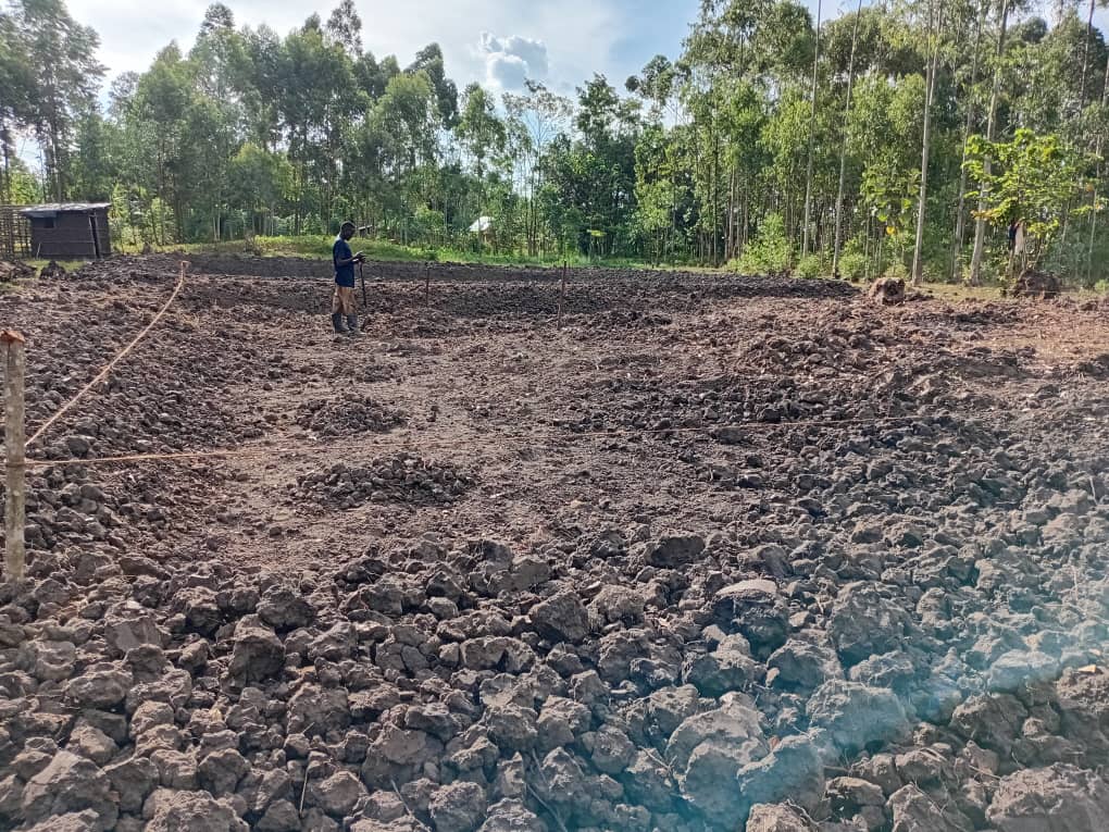 Tilling the ground beside the shelter, string lines set